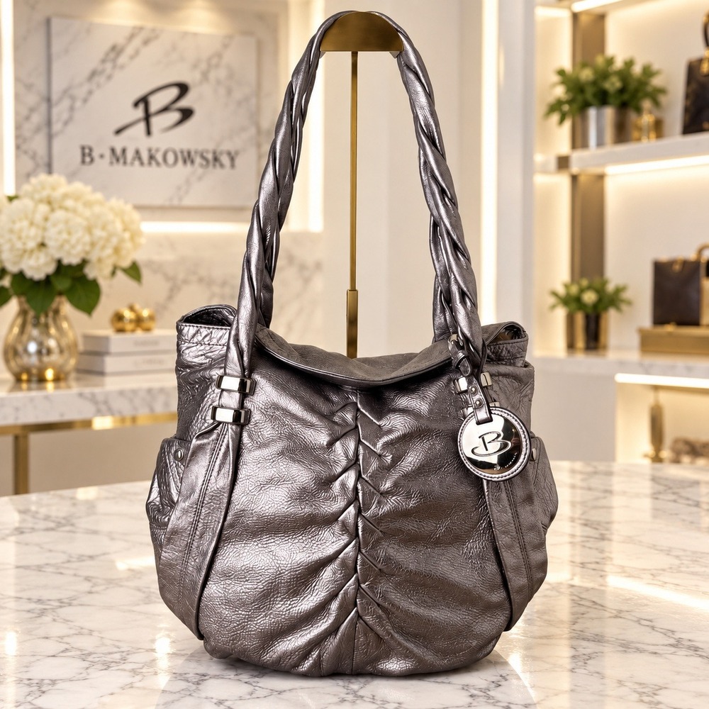 B Makowsky Silver Metallic Leather Hobo Bag Braided Strap Ruched Leopard Lining